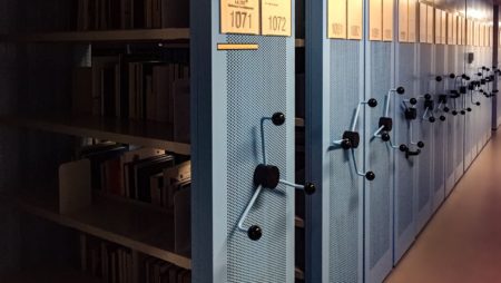 A row of compact book shelves.