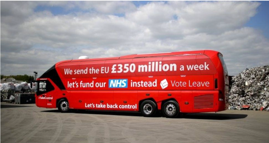 A photo of a bus with Brexit slogan