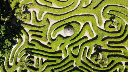 A winding hedge maze seen from above.