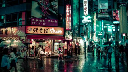 A dark, rainy night in Tokyo, Japan.