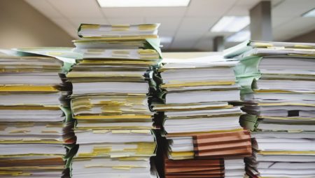 A stack of papers in an office