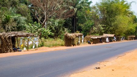 A road runs through rural scenery in Benue, Nigeria.