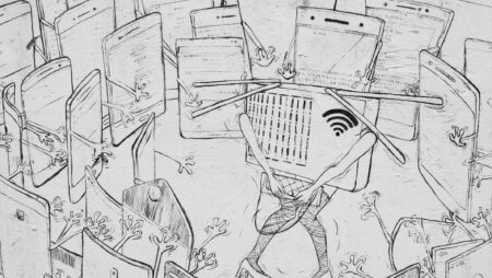 Illustration of WiFi as a person surrounded by smartphones